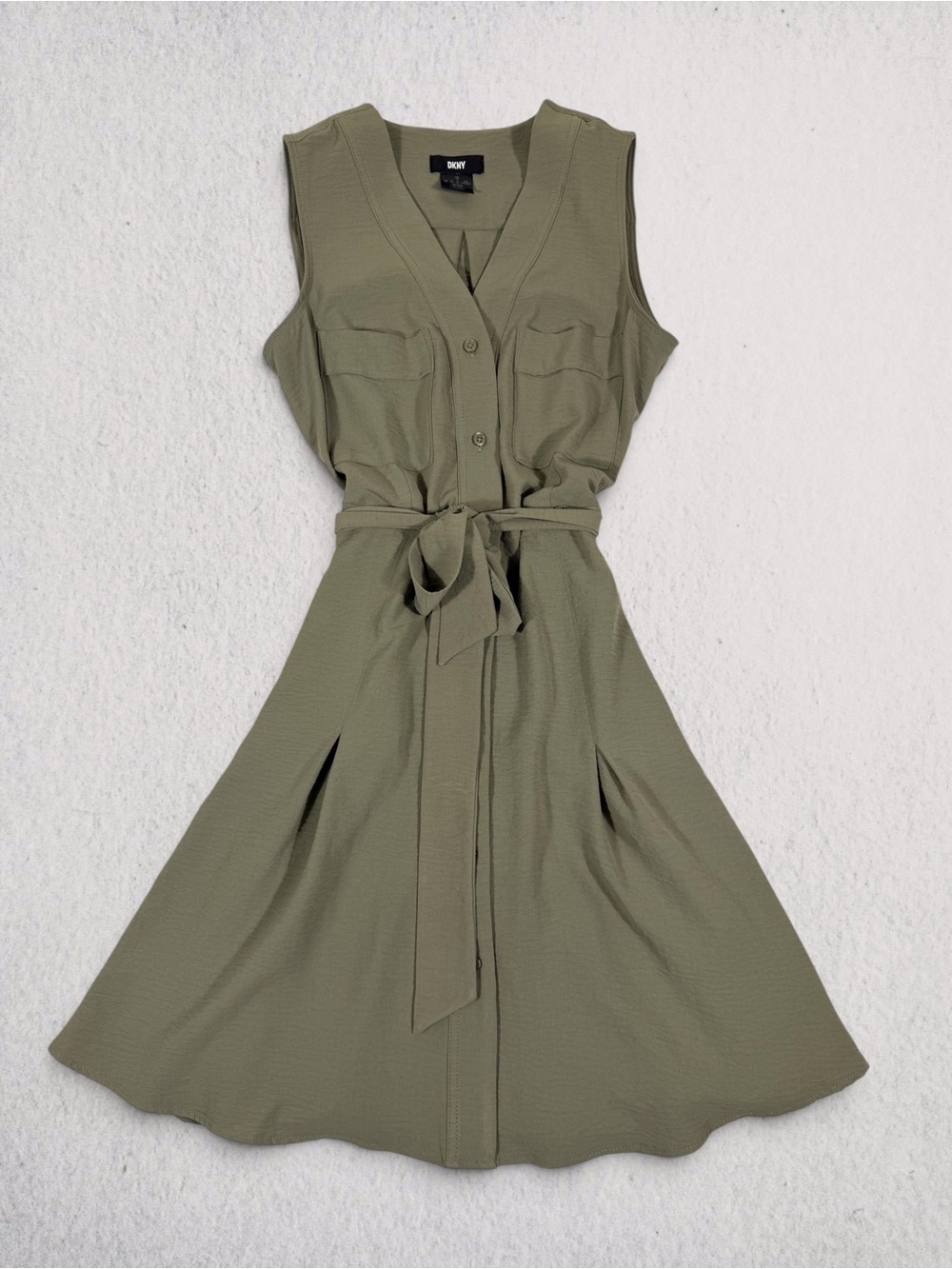 DKNY Olive Green Sleeveless Button-Front Tie-Waist Dress